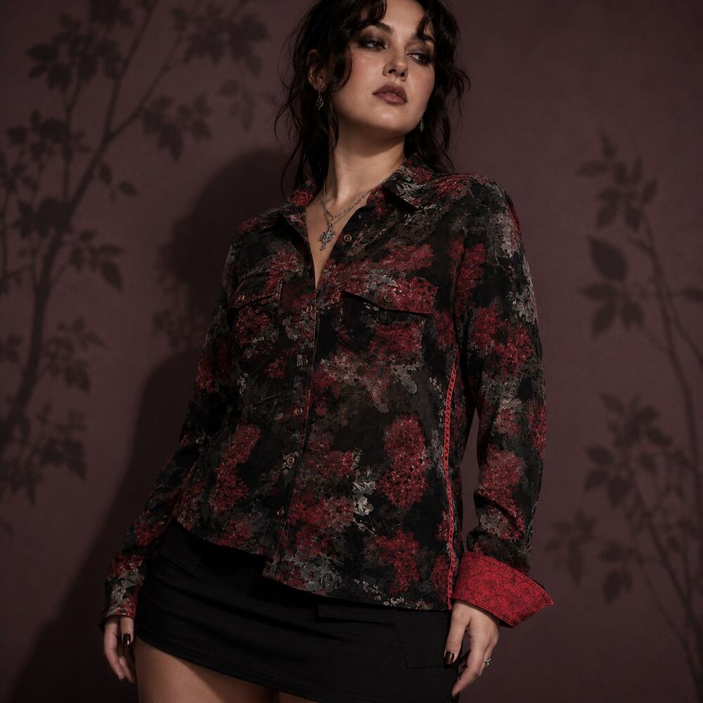 Georg Roth Dark Floral Burnout Velvet Flip Cuff Button-Down Blouse XL